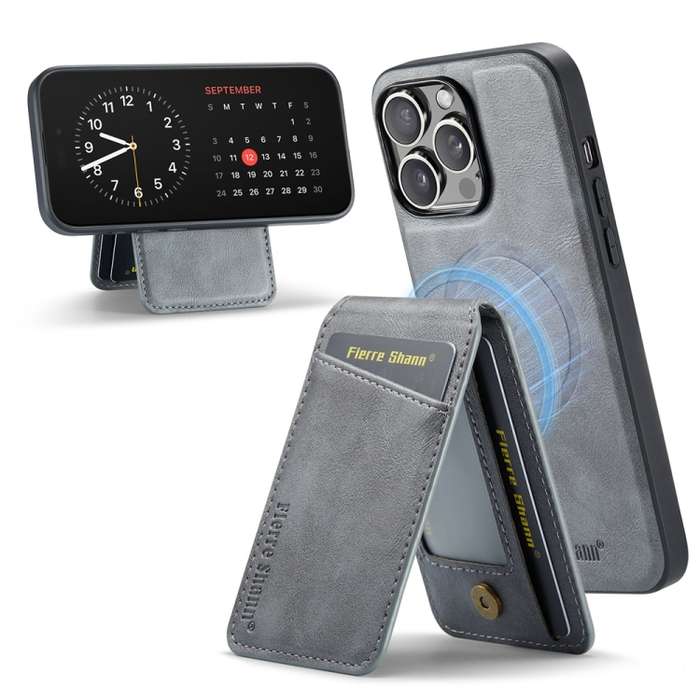 For iPhone 13 Pro Max Fierre Shann Oil Wax Cow Leather Magnetic Card Holder Phone Case(Grey)