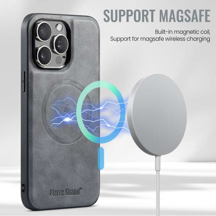 For iPhone 13 Pro Max Fierre Shann Oil Wax Cow Leather Magnetic Card Holder Phone Case(Grey)