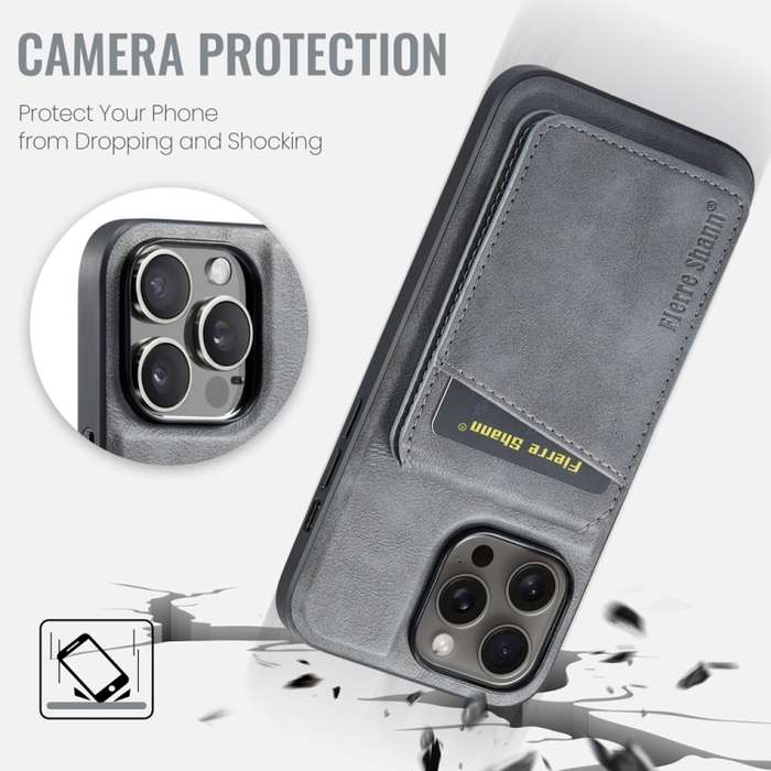 For iPhone 13 Pro Max Fierre Shann Oil Wax Cow Leather Magnetic Card Holder Phone Case(Grey)