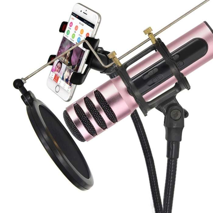 BGN-C7 Condenser Microphone Dual Mobile Phone Karaoke Live Singing Microphone Built-in Sound Card(Re