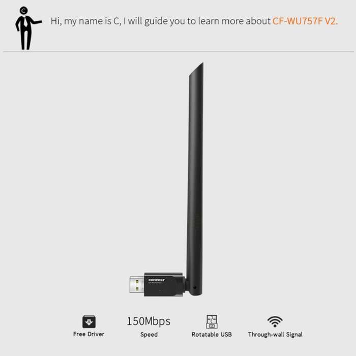 COMFAST CF-WU757F 150Mbps Wireless USB 2.0 Free Driver WiFi Adapter External Network Card with 6dBi