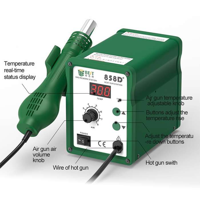 BEST BST-858D+ AC 220V 50Hz 650W LED Displayer Adjustable Temperature Unleaded Hot Air Gun with Hel