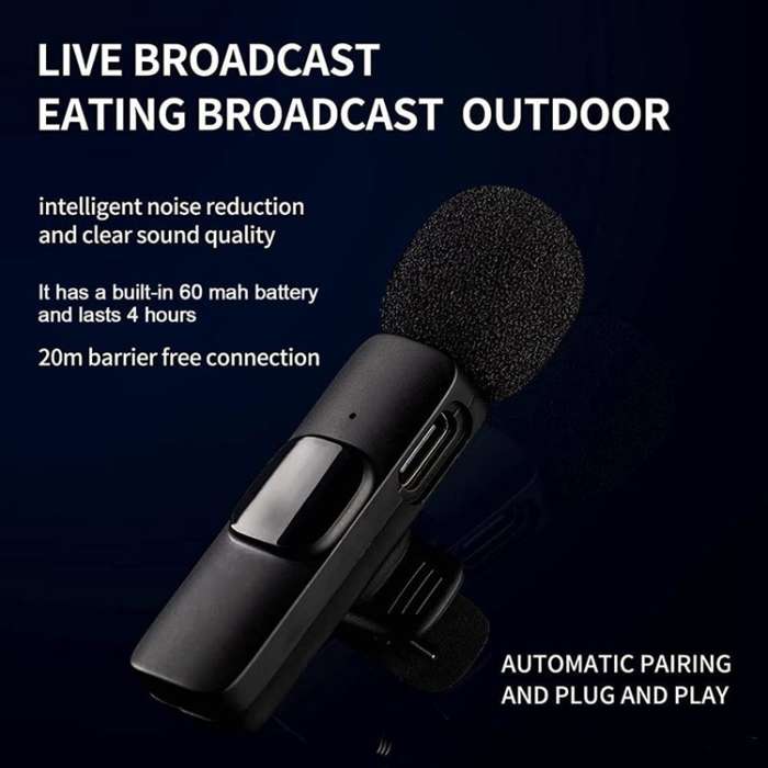 K9 Wireless Clip-on Auto-Sync Noise Cancelling Live Mini Microphone with 8-Pin Receiver