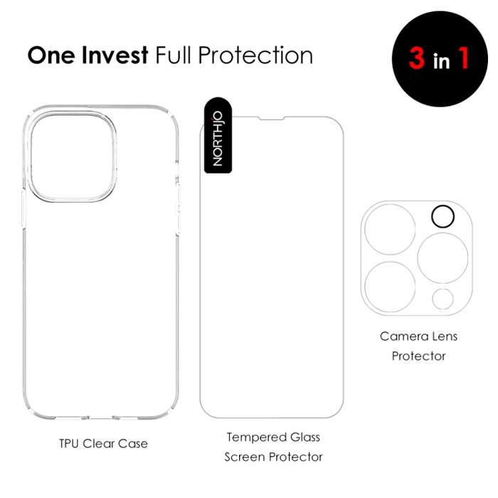 For iPhone 14 Pro Max NORTHJO 3 in 1 TPU Phone Case with Screen Film and Lens Film(Clear)