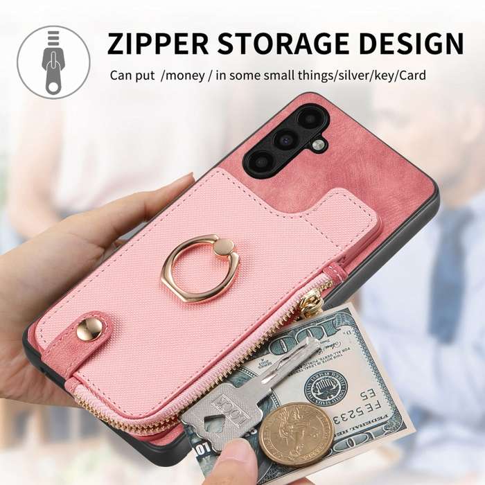 For Samsung Galaxy A05 Cross Leather Ring Vertical Zipper Wallet Back Phone Case(Pink)