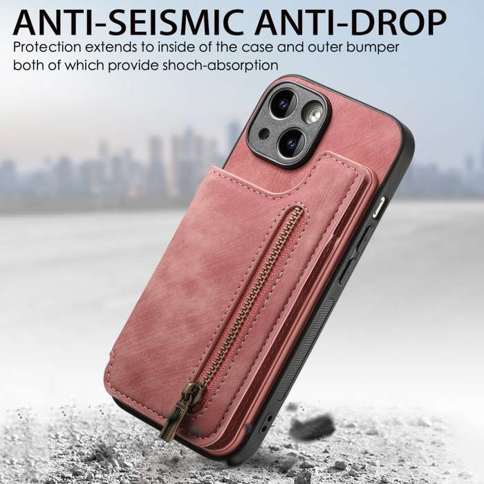 For iPhone 13 Retro Leather Zipper Wallet Back Phone Case(Pink)