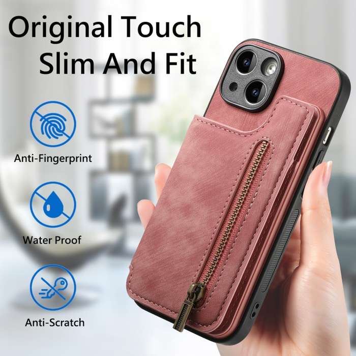 For iPhone 13 Retro Leather Zipper Wallet Back Phone Case(Pink)