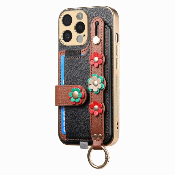 For iPhone 15 Stereoscopic Flowers Wristband Card Bag Phone Case(Black)