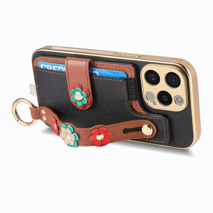 For iPhone 15 Stereoscopic Flowers Wristband Card Bag Phone Case(Black)