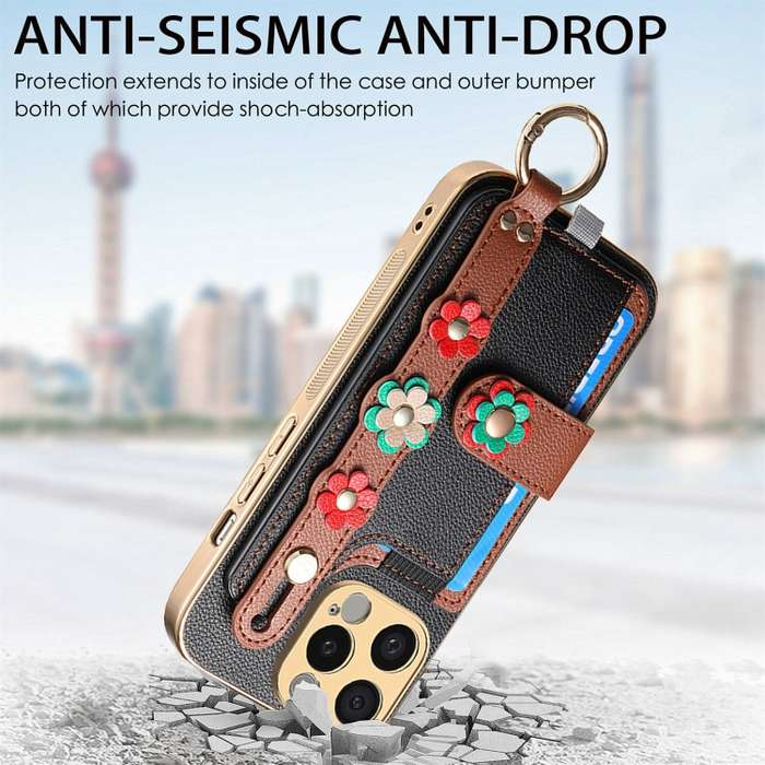For iPhone 15 Stereoscopic Flowers Wristband Card Bag Phone Case(Black)