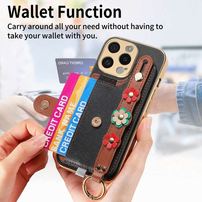 For iPhone 15 Stereoscopic Flowers Wristband Card Bag Phone Case(Black)