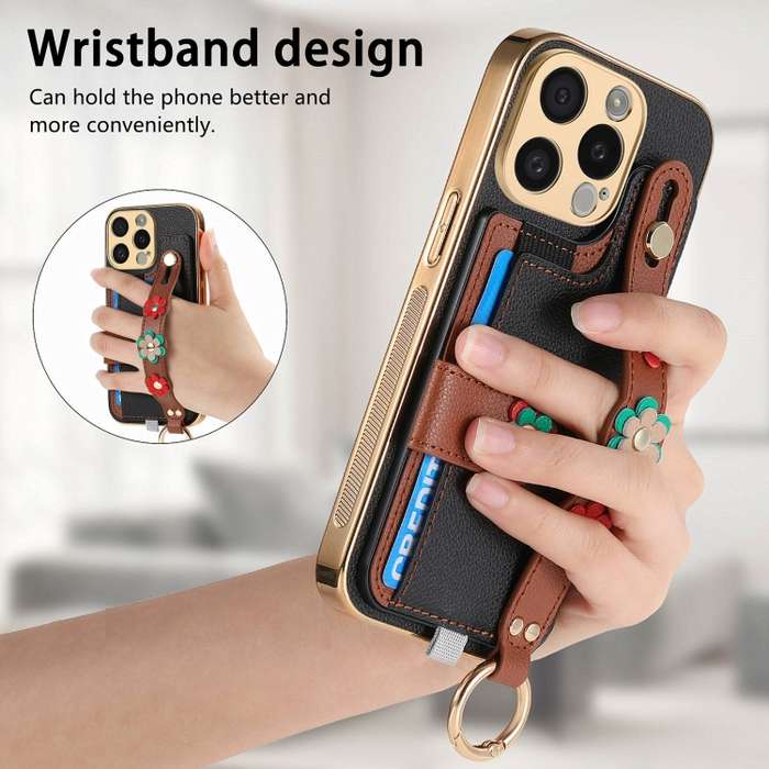 For iPhone 15 Stereoscopic Flowers Wristband Card Bag Phone Case(Black)
