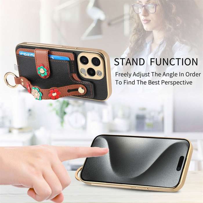 For iPhone 15 Stereoscopic Flowers Wristband Card Bag Phone Case(Black)
