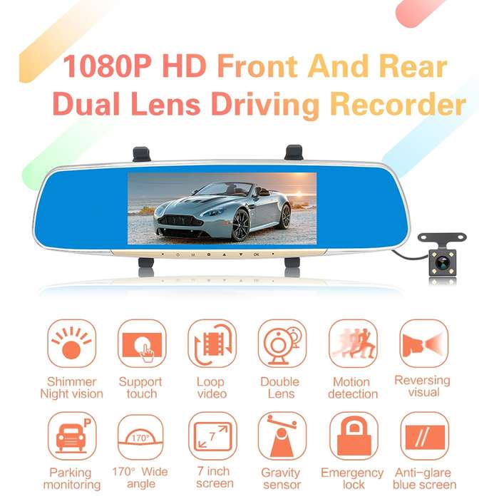 V100 7 inch LCD Touch Screen Rear View Mirror Car Recorder with Separate Camera, 170 Degree Wide Ang