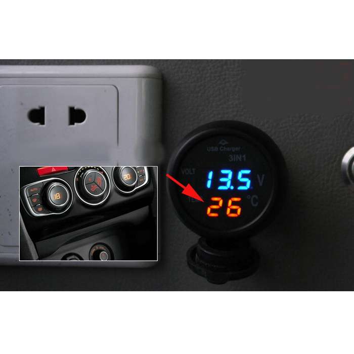 3 in 1 Universal Car Digital Voltage Meter Temperature Meter USB Charger, DC12-24V(Random Color Deli
