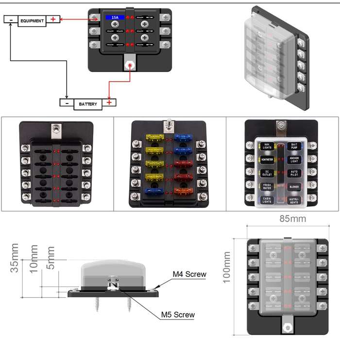 1 in 10 Out Fuse Box Screw Terminal Section Fuse Holder Kits with LED Warning Indicator for Auto Car