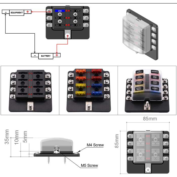 1 in 8 Out Fuse Box Screw Terminal Section Fuse Holder Kits with LED Warning Indicator for Auto Car