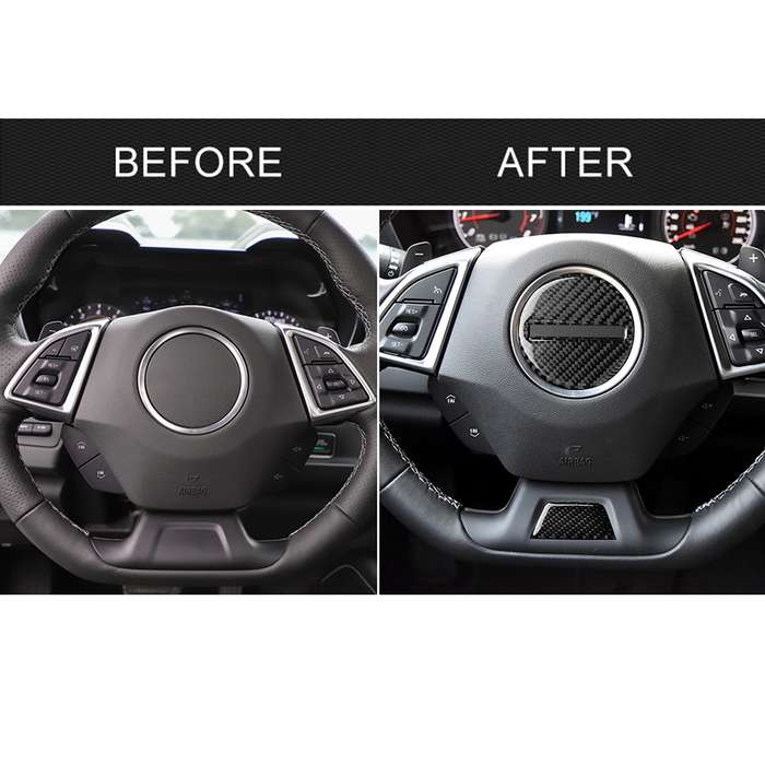 2 in 1 Car Carbon Fiber Steering Wheel Button Decorative Sticker for Chevrolet Camaro 2017-2019, Lef