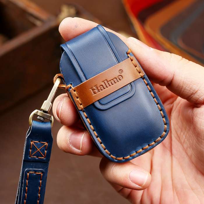 Hallmo Car Cowhide Leather Key Protective Cover Key Case for Subaru Forester(Blue)