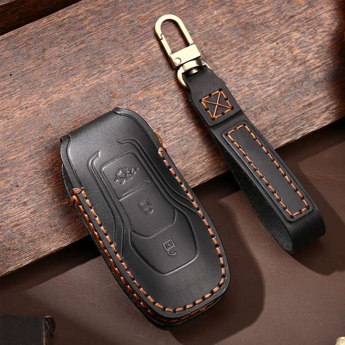 Hallmo Car Cowhide Leather Key Protective Cover Key Case for Ford Focus A Style(Brown)
