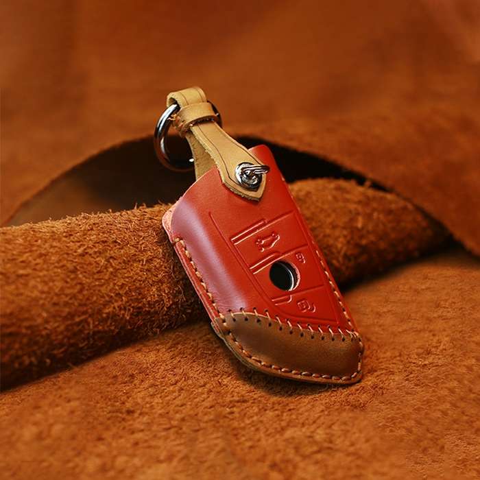 For BMW Blade Style Car Cowhide Leather Key Protective Cover Key Case, Two Keys Version (Blue)