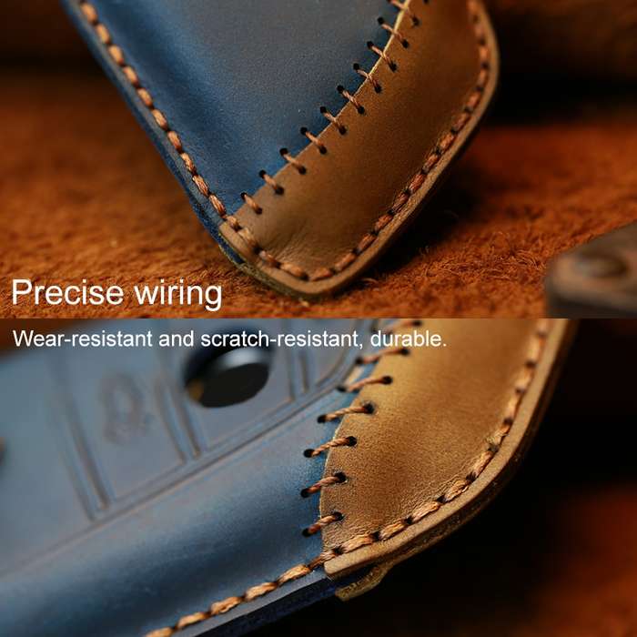 For BMW Blade Style Car Cowhide Leather Key Protective Cover Key Case, Three Keys Version (Blue)