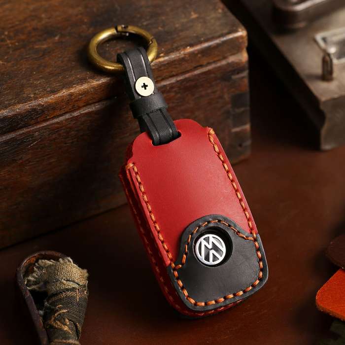 For Volkswagen Car Cowhide Leather Key Protective Cover Key Case, D Version(Blue)