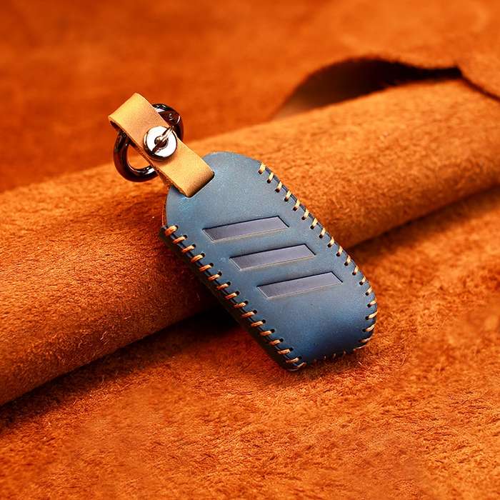 For Kia Car Cowhide Leather Key Protective Cover Key Case, Round Version (Blue)