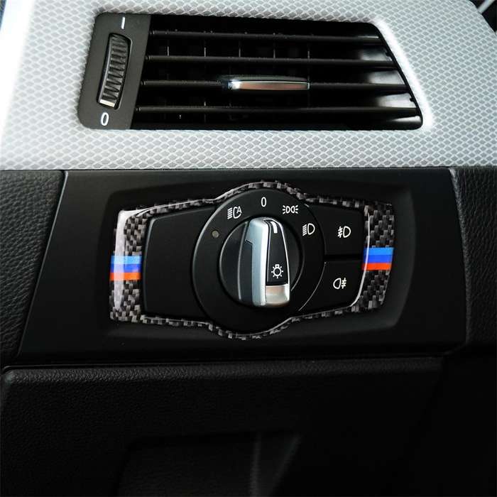Three Color Carbon Fiber Car Headlight Switch Decorative Sticker for BMW E90 / E92 / E93 2005-2012