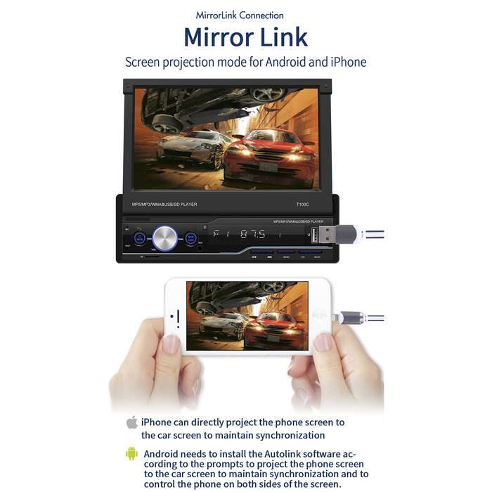 T100C 7 inch Manually Retractable Screen Car MP5 Player Radio, Support Mirror Link & FM & TF Card &