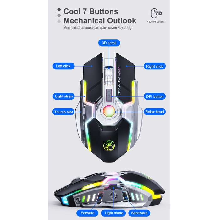 iMICE G7 Colorful Streamer Lights Rechargeable Silent Wireless Mouse(Black)