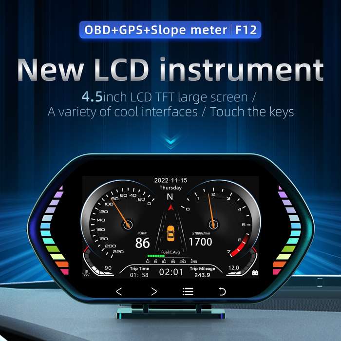 F12 4.5-inch Multi-function HD OBD LCD Instrument Car GPS Slope Meter HUD Head-up Display