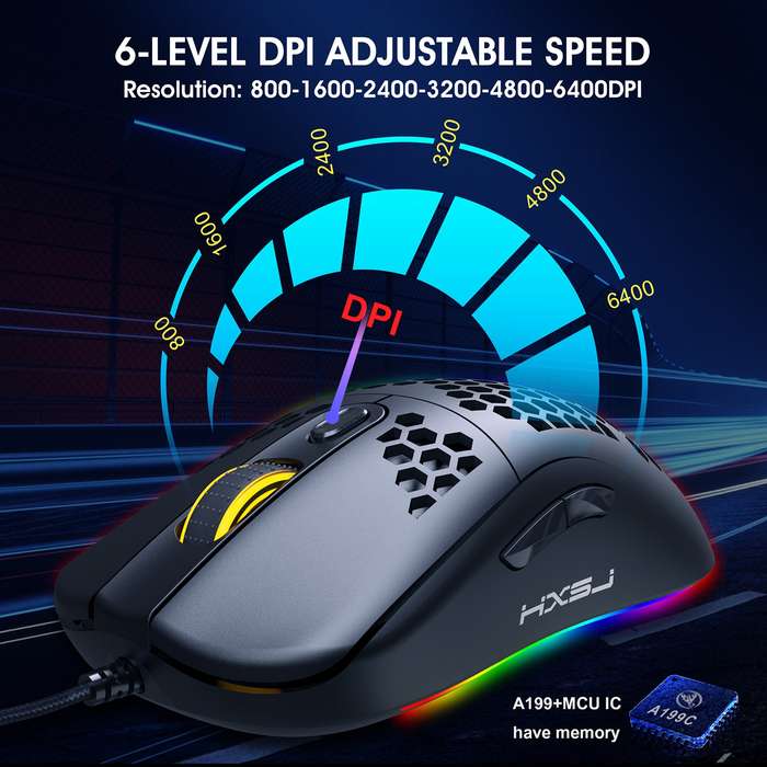 HXSJ X600 6 Keys RGB Luminous Macro Programming Wired Gaming Mouse(Black)