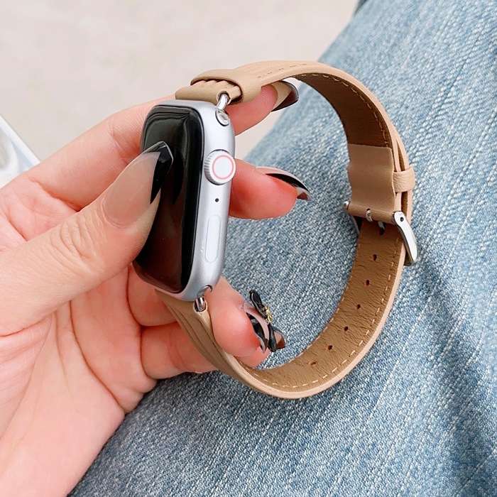 Embossed Line Genuine Leather Watch Band For Apple Watch Ultra 2 49mm(Khaki)