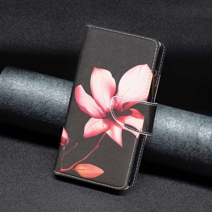 For Xiaomi Poco M6 Pro 4G Colored Drawing Pattern Zipper Leather Phone Case(Lotus)
