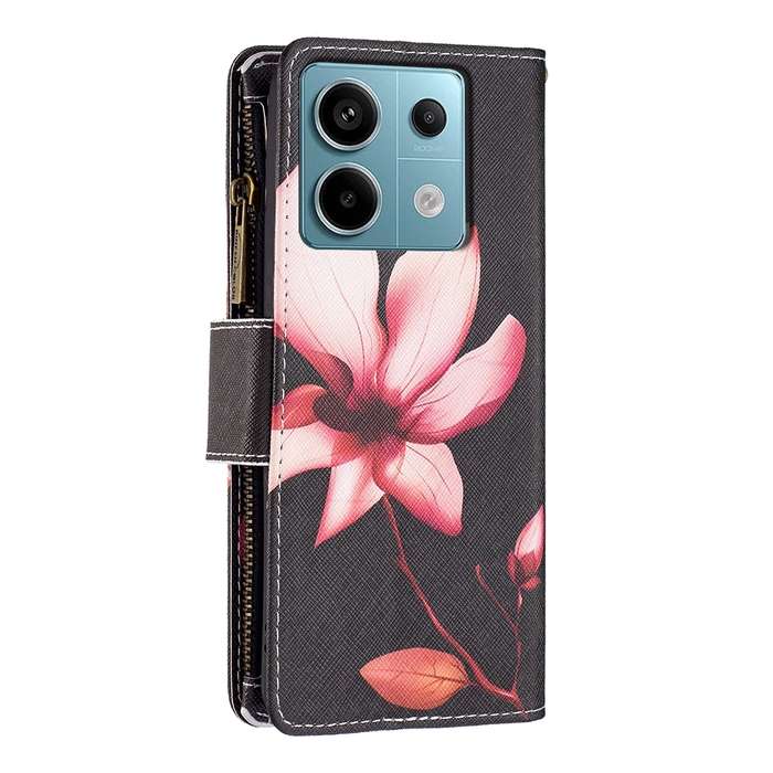 For Xiaomi Poco M6 Pro 4G Colored Drawing Pattern Zipper Leather Phone Case(Lotus)