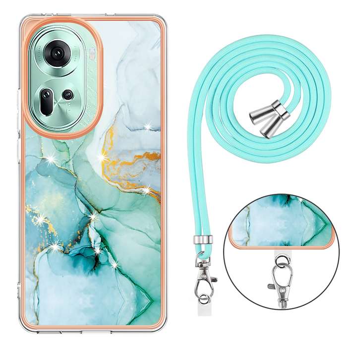 For OPPO Reno11 5G Global Electroplating Marble Dual-side IMD Phone Case with Lanyard(Green 003