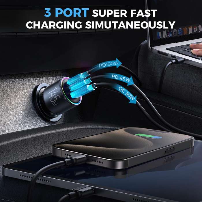 JOYROOM JR-CCN07 120W Dual PD+QC3.0 3-Port Car Charger(Dark Gray)