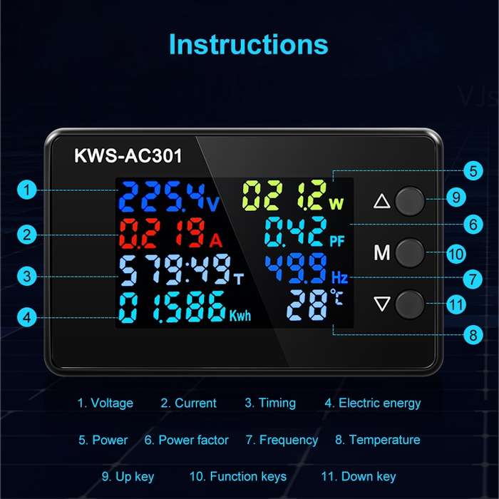 KWS-AC301-100A 50-300V AC Digital Current Voltmeter with Closed Transformer(Black)