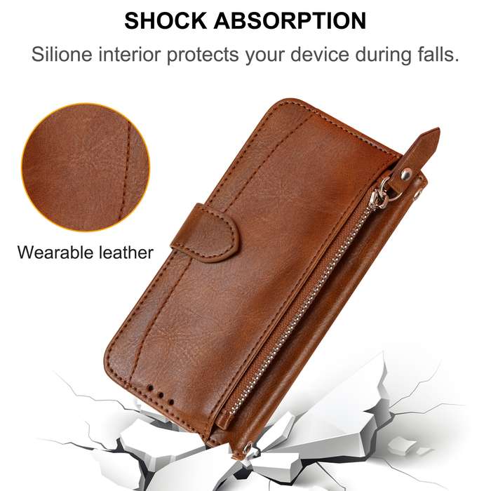 For iPhone 16 Oil Skin Zipper Wallet Leather Phone Case(Brown)