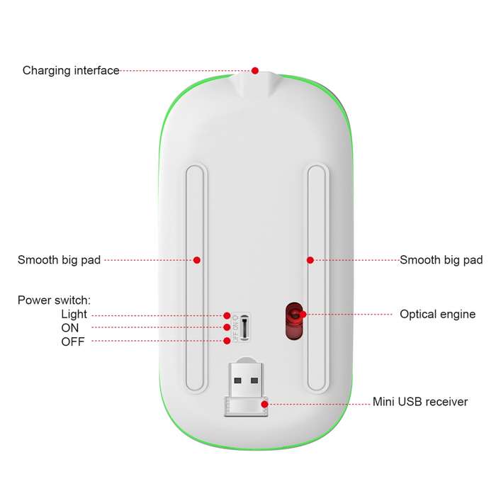 HXSJ M40 2.4GHZ 800,1200,1600dpi Third Gear Adjustment Colorful Wireless Mouse USB Rechargeable(Silv