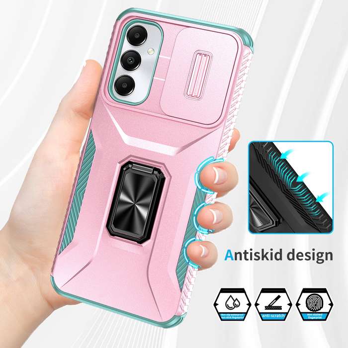 For Samsung Galaxy A05s Sliding Camshield Holder Phone Case(Pink + Grey Green)