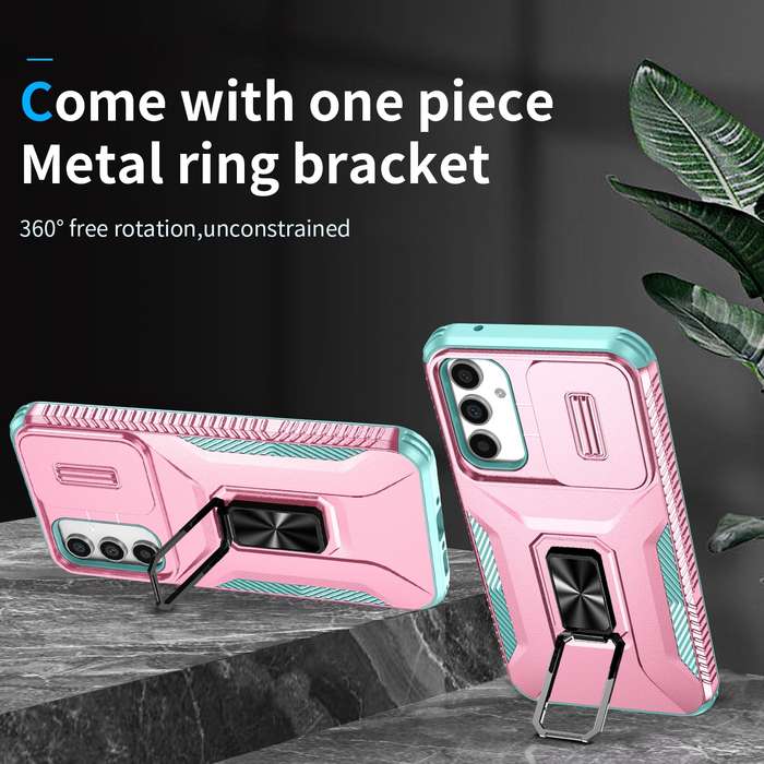 For Samsung Galaxy A34 5G Sliding Camshield Holder Phone Case(Pink + Grey Green)