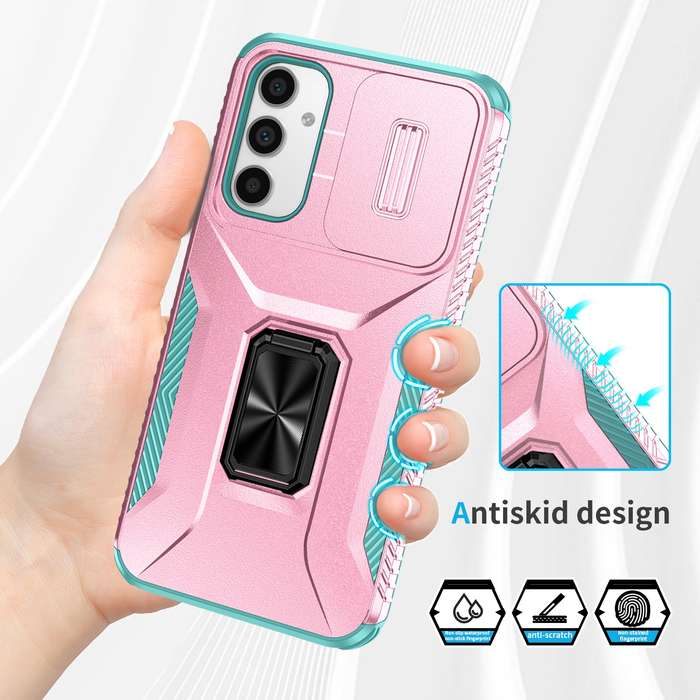 For Samsung Galaxy A34 5G Sliding Camshield Holder Phone Case(Pink + Grey Green)