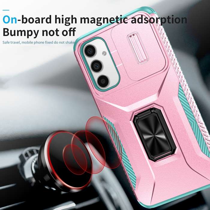 For Samsung Galaxy A34 5G Sliding Camshield Holder Phone Case(Pink + Grey Green)