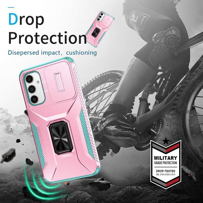 For Samsung Galaxy A34 5G Sliding Camshield Holder Phone Case(Pink + Grey Green)
