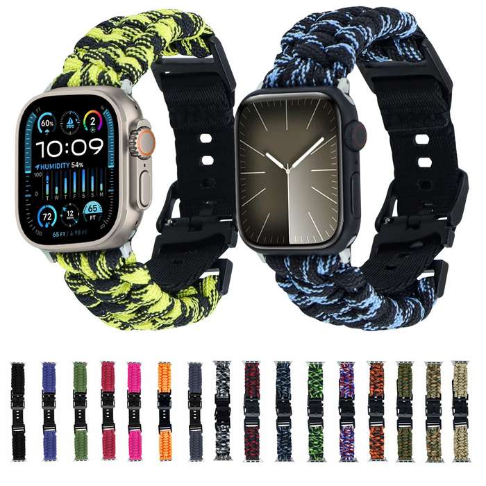For Apple Watch Ultra 49mm Paracord Plain Braided Webbing Buckle Watch Band(Black Green)