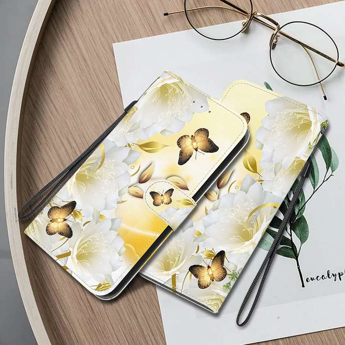 For Realme 12 Pro+ Global Crystal Texture Colored Drawing Leather Phone Case(Gold Butterfly Epi