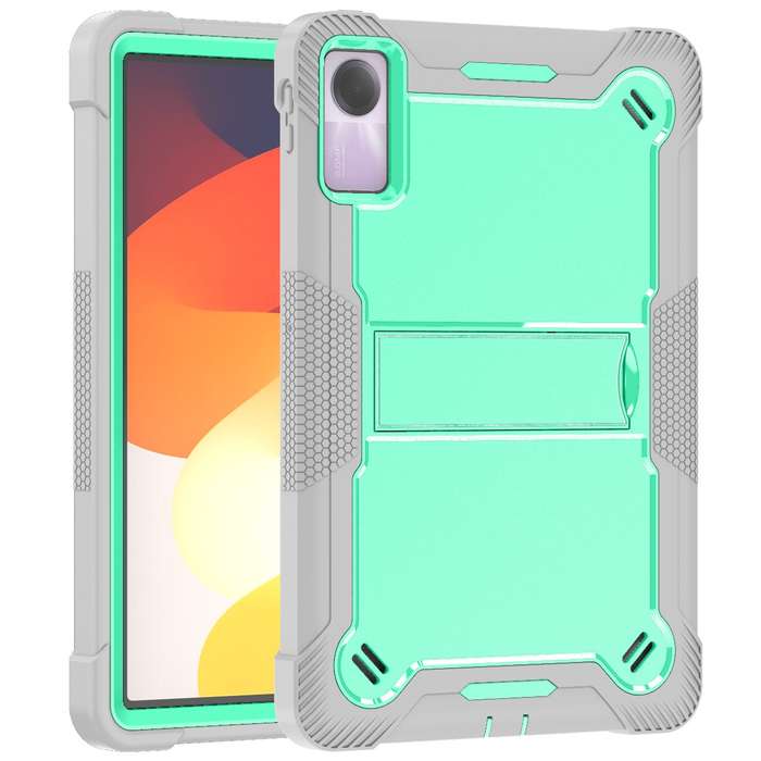 For Xiaomi Redmi Pad SE Shockproof Silicone Hybrid PC Tablet Case with Holder(Mint Green + Grey