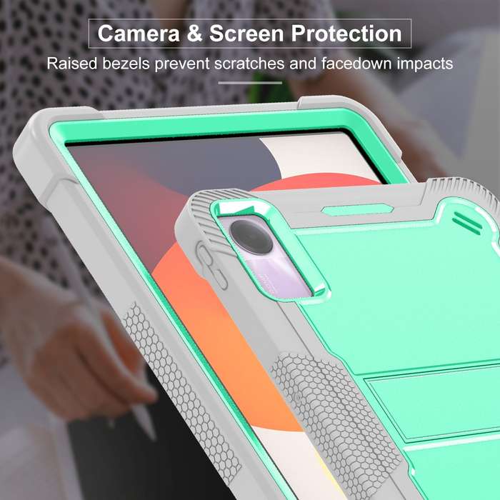 For Xiaomi Redmi Pad SE Shockproof Silicone Hybrid PC Tablet Case with Holder(Mint Green + Grey